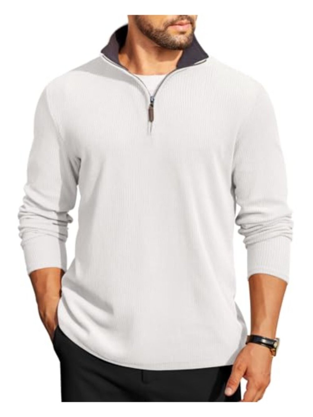 Mens Quarter Zip Corduroy Pullover Sweatshirt Contrast Collar Mock Neck